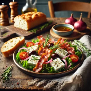 Een rustieke houten tafel met een lauwwarme salade van feta, knapperige pancetta en verse rozemarijn. De salade bestaat uit gemengde sla, cherrytomaatjes, rode ui en olijven, licht aangemaakt met vinaigrette. De feta is warm en licht gesmolten, de pancetta goudbruin en krokant. Geserveerd op een keramisch bord met een sneetje rustiek brood. De achtergrond toont een gezellige keuken met warme verlichting.