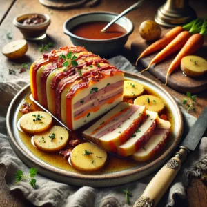 Een verfijnde aardappelterrine met lagen romige aardappelen, knapperig uitgebakken spek en zachte wortel, geserveerd met een rijke vleesjus. De terrine is in plakken gesneden en elegant opgemaakt op een rustiek bord. Naast het bord liggen een vintage mes en een linnen servet op een houten tafel. Op de achtergrond staat een houten snijplank met extra aardappelen, spek en een schaaltje jus. De warme, natuurlijke belichting benadrukt de hartige smaken en stevige texturen van dit traditionele gerecht.