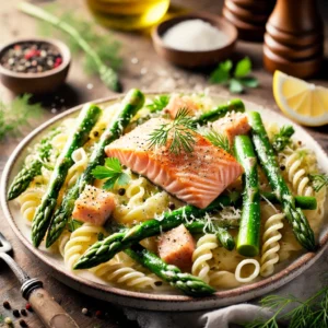 Romige pasta met groene asperges en zachtgegaarde zalm, op smaak gebracht met dille en citroenrasp, geserveerd op een rustieke houten tafel.