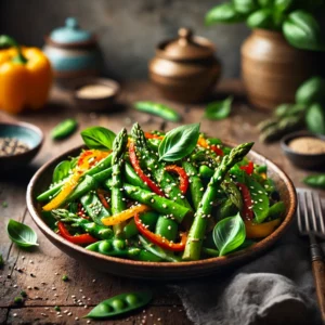 Frisse roerbakschotel met groene asperges, paprika en peultjes, op smaak gebracht met sesamzaad en verse basilicum, geserveerd op een rustieke houten tafel.