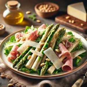 Frisse lentesalade met witte en groene asperges, dun gesneden ham en Parmezaanse kaas, gegarneerd met pijnboompitten en verse kruiden, geserveerd op een rustieke houten tafel.