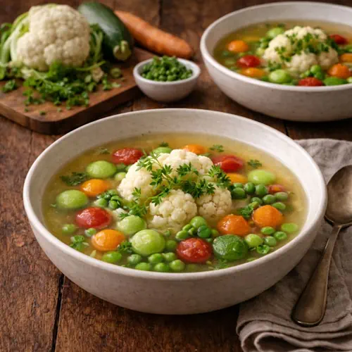 Lentebouillon met een bloemkoolroosje in het midden, omringd door kleurrijke groenteballetjes van wortel, courgette, tomaat en erwtjes, geserveerd in een lichte bouillon met kervel op een rustieke houten tafel.