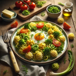 Een kleurrijk lentegerecht met mie, raapstelen en romig roerei, geserveerd op een rustieke houten tafel. De mie vormt een lichte buitenrand, terwijl de frisgroene raapstelen in het midden liggen. Het smeuïge roerei is mooi in het centrum geplaatst, gegarneerd met plakjes sappige tomaat. Naast het bord ligt een vintage vork en een linnen servet. Op de achtergrond een houten snijplank met extra raapstelen, tomaten en een klein schaaltje boter. De warme, natuurlijke belichting benadrukt de frisse en romige texturen van dit lichte voorjaarsgerecht.
