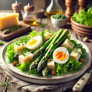 Frisse salade met groene asperges, romige graskaas en gekookt ei, geserveerd met een lichte vinaigrette op een rustieke houten tafel.
