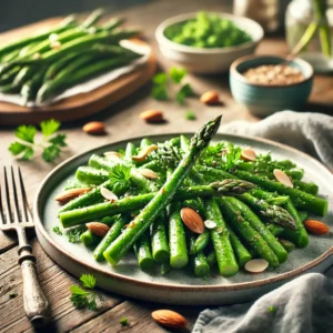 Geroerbakte groene asperges en sperziebonen, licht gekruid en gegarneerd met geroosterde amandelen en verse peterselie, geserveerd op een rustieke houten tafel.