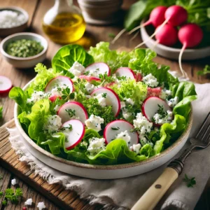 Een frisse lentesalade met knapperige kropsla, romige verkruimelde kwark en dun gesneden radijs, geserveerd in een witte keramische kom. De salade is besprenkeld met een lichte vinaigrette van olie, azijn en fijngehakte groene kruiden. Extra kruiden en radijsschijfjes zorgen voor een kleurrijke garnering. De rustieke houten tafel bevat een linnen servet, een vintage vork en een klein schaaltje met extra dressing. Zachte natuurlijke verlichting benadrukt de verse ingrediënten en hun levendige kleuren.