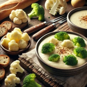 Een rustieke houten tafel met een lichte en gezonde kaasfondue, geserveerd in twee kleine schaaltjes. Ernaast liggen verse groenten zoals broccoli, bloemkool, kleine gekookte aardappels en rustiek brood, klaar om in de romige fondue te dippen.