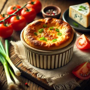 Een rustieke houten tafel met een versgebakken, goudbruine geitenkaassoufflé met tomaat en bosui, geserveerd in een keramische ramekin. Ernaast liggen verse tomaten, gesneden bosuitjes en een stuk geitenkaas, in een warme en sfeervolle setting.