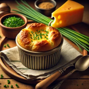 Een rustieke houten tafel met een versgebakken, goudbruine kaas-bieslooksoufflé, geserveerd in een keramische ramekin. Ernaast liggen verse bieslook, een stuk belegen Goudse kaas en een houten lepel, in een warme en sfeervolle setting.