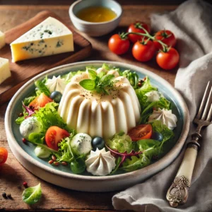 Een romige en luchtige kaasmousse, elegant opgemaakt en geserveerd met een frisse salade van knapperige sla en sappige babytomaatjes. De mousse heeft een fluweelzachte textuur en is subtiel gegarneerd met een lichte dressing. Naast het bord ligt een vintage vork en een linnen servet op een rustieke houten tafel. Op de achtergrond staat een houten snijplank met extra kaas, een kommetje dressing en verse sla. De warme, natuurlijke belichting benadrukt de verfijnde texturen en frisse kleuren van dit elegante voorgerecht.