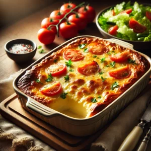 Een rustieke houten tafel met een versgebakken, goudbruine kaasovenschotel, geserveerd in een keramische ovenschaal. Ernaast staat een frisse gemengde salade met tomatenplakken, gekruid met zout, peper en een snufje suiker.