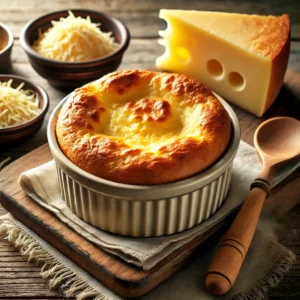 Een rustieke houten tafel met een versgebakken, goudbruine kaassoufflé met Gruyère, geserveerd in een keramische ovenschaal. Ernaast liggen een stuk Gruyère kaas, een schaaltje geraspte kaas en een houten lepel, in een warme en gezellige setting.