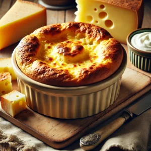 Een rustieke houten tafel met een versgebakken, goudbruine kaassoufflé met Gruyère en Emmentaler, geserveerd in een keramische ovenschaal. Ernaast liggen een stuk Gruyère, een blok Emmentaler en een schaaltje crème fraîche, in een warme en sfeervolle setting.