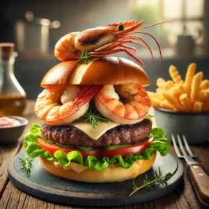 Luxe surf & turf burger met een sappige ossenhaas patty, gegrilde gambas, verse sla, tomaat en gesmolten kaas op een brioche broodje, geserveerd met knapperige frietjes.