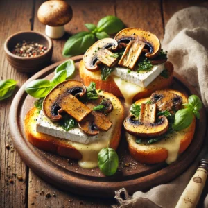 Een luxe toast met goudbruin geroosterd brood, belegd met sappige kastanjechampignons en romige, gesmolten brie. Fijngesneden basilicum en een vleugje versgemalen zwarte peper zorgen voor extra smaak en kleur. De toast ligt op een rustieke houten tafel, vergezeld door een linnen servet, een vintage mes en een klein schaaltje met extra basilicumblaadjes. Zachte natuurlijke verlichting benadrukt de knapperige texturen en warme tonen van het gerecht.