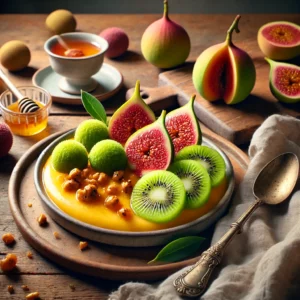 Een verfijnd dessert met lychee en mango, prachtig gepresenteerd op een rustieke houten tafel. Het gerecht bestaat uit een romige mango-puree, gegarneerd met sappige lychees, plakjes verse vijgen en heldergroene kiwi. Een druppeltje honing en een vleugje gehakte noten voegen extra textuur en smaak toe. Naast het bord ligt een vintage lepel en een zachte linnen servet, terwijl op de achtergrond een houten snijplank met extra vijgen, een halve mango en gepelde lychees te zien is. De warme, natuurlijke belichting benadrukt de levendige kleuren en frisse ingrediënten.