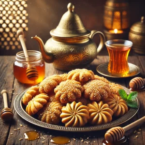 Traditionele Marokkaanse Chabakia, goudbruin gefrituurd en omhuld met honing en sesamzaad, geserveerd met muntthee op een rustieke houten tafel.
