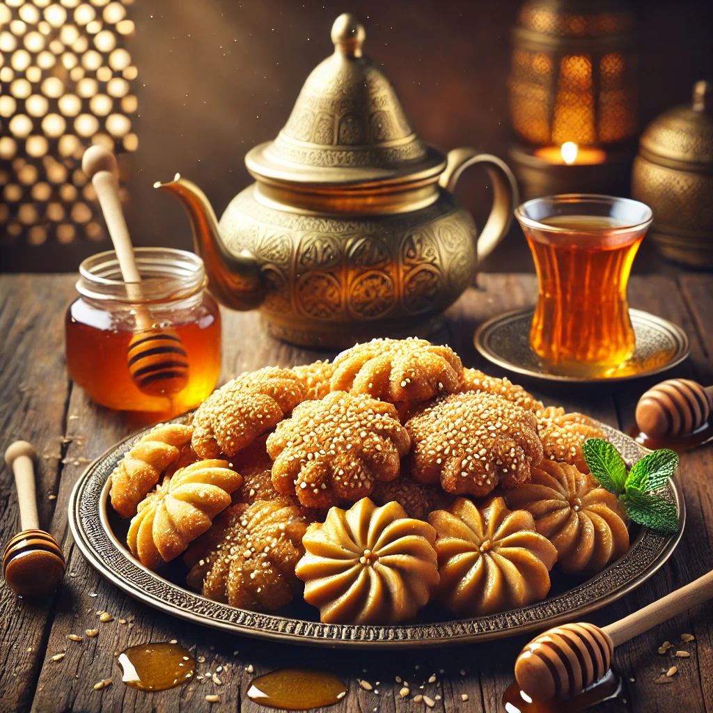 Traditionele Marokkaanse Chabakia, goudbruin gefrituurd en omhuld met honing en sesamzaad, geserveerd met muntthee op een rustieke houten tafel.