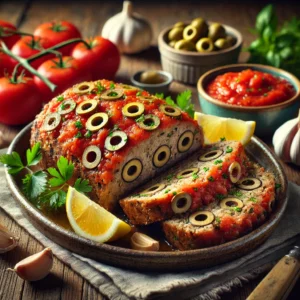 Gehaktbrood met olijven en ansjovis, geserveerd in plakken met tomatensaus, citroenrasp en verse kruiden op een rustieke schaal.