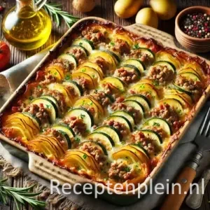 Ovenschotel met aardappel, courgette en gekruid gehakt, afgedekt met gesmolten kaas in rustieke schaal.