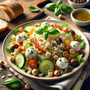 Een kleurrijke Mediterrane rijstsalade met luchtige rijst, frisse komkommer, knapperige paprika en zachte mozzarella. Geroosterde hazelnoten zorgen voor een heerlijke crunch, terwijl een basilicumvinaigrette het gerecht op smaak brengt. Geserveerd met vers gesneden ciabatta, met op de achtergrond extra mozzarella, verse basilicum en een kommetje vinaigrette. De warme, natuurlijke belichting benadrukt de verse ingrediënten en zomerse sfeer van deze salade.