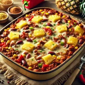 Mexicaanse ovenschotel met gehakt, bonen, maïs, paprika en stukjes ananas, goudbruin gegratineerd.