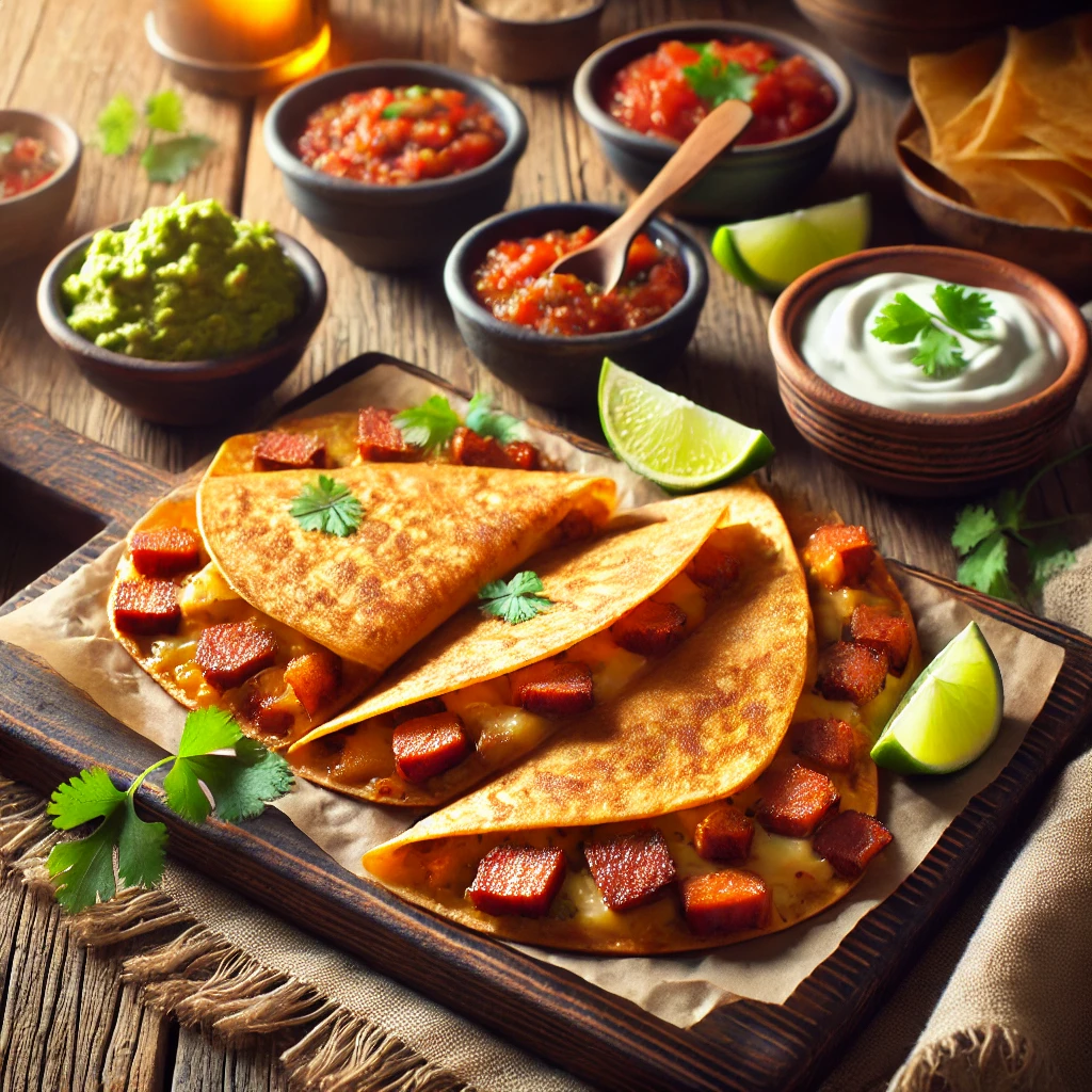 Een rustieke houten tafel met Mexicaanse tortilla tosti’s, gevuld met ossenworst en gesmolten kaas, krokant gebakken en in driehoeken gesneden. Ernaast staan schaaltjes guacamole, salsa en zure room, met verse koriander en limoenpartjes als garnering.