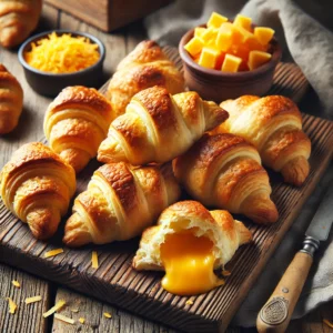 Een versgebakken batch mini cheddar-croissantjes, goudbruin en knapperig, met gesmolten cheddar die subtiel tussen de laagjes bladerdeeg uitloopt. Enkele croissantjes zijn doorgesneden, waardoor de smeuïge kaasvulling goed zichtbaar is. De croissantjes liggen op een houten serveerplank, vergezeld door een schaaltje geraspte cheddar en een klein botermes. Op de rustieke houten tafel ligt een linnen servet, terwijl zachte natuurlijke verlichting de warme tinten en knapperige texturen benadrukt.