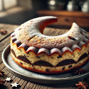 Goudbruine Mond-Kuchen in de vorm van een maansikkel, gevuld met maanzaad en rozijnen, geglazuurd met suikerglazuur en bestoven met poedersuiker, geserveerd op een rustieke houten tafel.