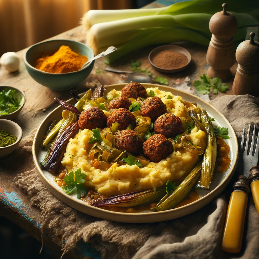 Een kleurrijk bord met een kruidige stamppot van aardappelen en prei, op smaak gebracht met garam masala, sambal en ketjap manis. Het gerecht wordt geserveerd met goudbruine gehaktballetjes, gegarneerd met verse koriander en peterselie. Op de rustieke houten tafel liggen een vintage vork en mes, een linnen servet en ingrediënten zoals prei, zoete aardappel en specerijen, terwijl de warme belichting de smaken en texturen versterkt.