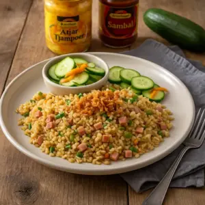 Een realistische foto van een bord nasi goreng met atjar en zoetzure komkommer, geserveerd met een schaaltje kroepoek, sambal en een glas witte wijn op een rustieke houten tafel, met natuurlijke belichting en subtiele props.
