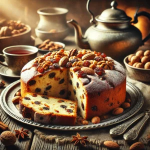 Traditionele Poolse Nieuwjaarskoek met noten en rozijnen, goudbruin gebakken, licht bestoven met poedersuiker en geserveerd met een kopje thee op een rustieke houten tafel.