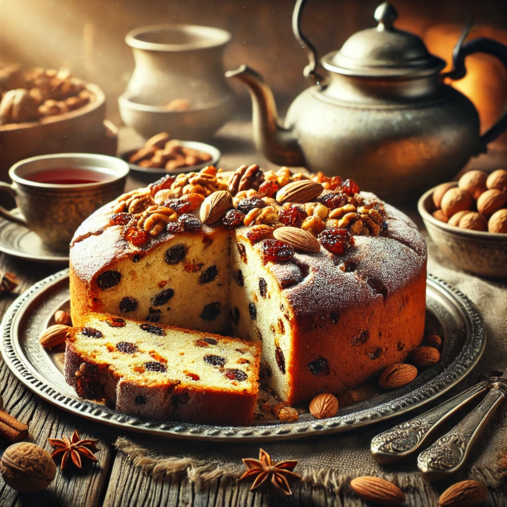 Traditionele Poolse Nieuwjaarskoek met noten en rozijnen, goudbruin gebakken, licht bestoven met poedersuiker en geserveerd met een kopje thee op een rustieke houten tafel.