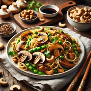Een smaakvolle noedelwok met roergebakken kastanjechampignons, oesterzwammen en knapperige sugar snaps, geserveerd op een rustieke houten tafel. De Chinese eiermie is bedekt met een glanzende laag zoete sojasaus en bestrooid met geroosterde cashewnoten. Het gerecht is afgemaakt met verse koriander. Naast het bord ligt een set eetstokjes en een linnen servet. Op de achtergrond staat een houten snijplank met extra paddenstoelen, een schaaltje cashewnoten en een flesje sojasaus. De warme, natuurlijke belichting benadrukt de diepe smaken en kleurrijke ingrediënten van dit Aziatische gerecht.