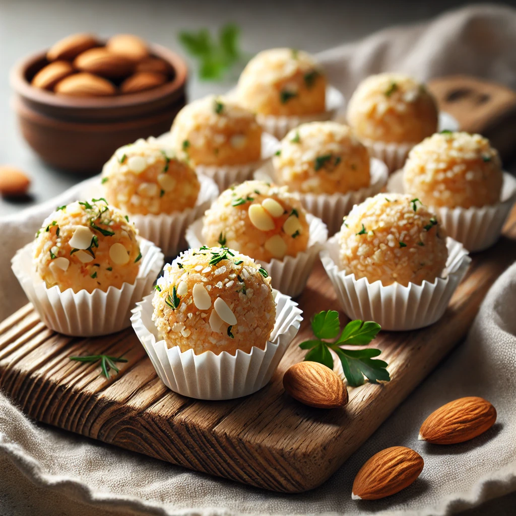 Een close-up van elegante noten-kaastruffels, omhuld met fijngesneden amandelen en gepresenteerd in kleine papieren bonbonvormpjes. De truffels hebben een romige, licht goudkleurige textuur door de combinatie van roomkaas en jonge kaas, met subtiele groene accenten van fijngehakte peterselie. Ze liggen op een rustieke houten serveerplank, vergezeld door een zachte linnen servet. Enkele hele amandelen en een takje verse peterselie zijn speels rondom de truffels verspreid, met een zachte, sfeervolle verlichting die hun verfijnde uitstraling benadrukt.