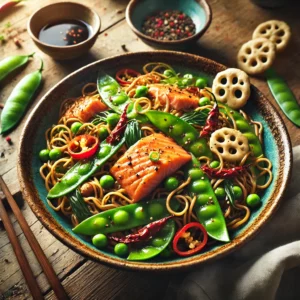 Een smaakvol wokgerecht met noedels in een glanzende oester-sojasaus, gemengd met malse stukjes zalm en knapperige groene peultjes. Dunne rode peperringen voegen een pittige touch toe, terwijl krokante kroepoek bovenop zorgt voor extra crunch. Het gerecht wordt geserveerd in een rustieke keramische kom op een houten tafel, met een linnen servet, een paar chopsticks en een schaaltje extra woksaus. Zachte natuurlijke verlichting benadrukt de levendige kleuren en rijke texturen van het gerecht.