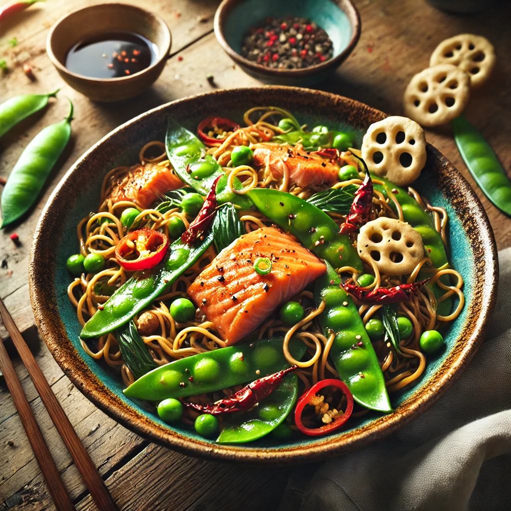 Een smaakvol wokgerecht met noedels in een glanzende oester-sojasaus, gemengd met malse stukjes zalm en knapperige groene peultjes. Dunne rode peperringen voegen een pittige touch toe, terwijl krokante kroepoek bovenop zorgt voor extra crunch. Het gerecht wordt geserveerd in een rustieke keramische kom op een houten tafel, met een linnen servet, een paar chopsticks en een schaaltje extra woksaus. Zachte natuurlijke verlichting benadrukt de levendige kleuren en rijke texturen van het gerecht.