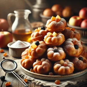 Goudbruine oliebollen met krenten, rozijnen en stukjes appel, licht bestoven met poedersuiker, geserveerd op een rustieke houten tafel.