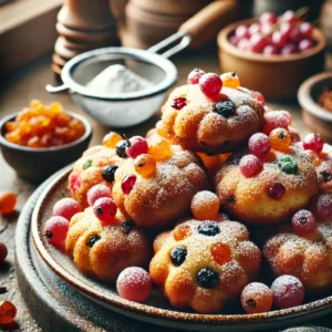 Goudbruine oliebollen met krenten en sukade, licht bestoven met poedersuiker, geserveerd op een rustieke houten tafel.