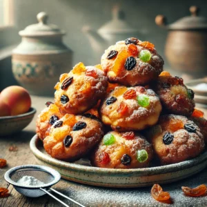 Goudbruine oliebollen met rozijnen, sukade en stukjes appel, licht bestoven met poedersuiker, geserveerd op een rustieke houten tafel.