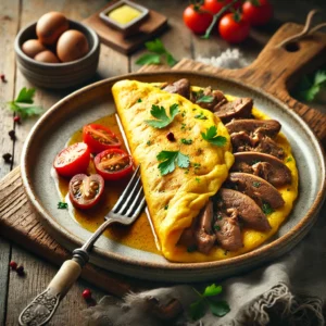 Een goudgele, luchtige omelet gevuld met sappige, bruin gebakken kippenlevers, elegant gevouwen op een rustiek keramisch bord. Het gerecht is gegarneerd met verse peterselie en een gehalveerd tomaatje voor een frisse touch. Naast het bord ligt een vintage vork en een linnen servet op een houten tafel. Op de achtergrond staat een houten snijplank met extra kippenlevers, een schaaltje boter en verse kruiden. De warme, natuurlijke belichting benadrukt de rijke smaken en zachte texturen van dit klassieke Franse gerecht.