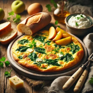 Een rustieke houten tafel met een vers bereide omelet met spinazie, Roquefort en aardappelen, gegarneerd met fijngehakte peterselie. Naast de omelet liggen plakjes vers brood en een schaaltje crème fraîche. Een warme en uitnodigende Franse maaltijd.