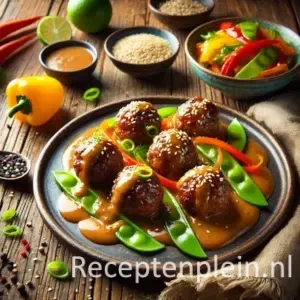 Glanzende oosterse gehaktballetjes met pindasaus, geserveerd met roergebakken groenten, limoen en sesamzaadjes op een rustieke houten tafel.