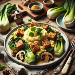 Een smeuïge stamppot met romige aardappelpuree, gemengd met gewokte paksoi en champignons, geserveerd met knapperig gebakken tempéblokjes. Het gerecht is op smaak gebracht met gember, komijn en nootmuskaat en gegarneerd met verse koriander. Naast het bord liggen een vintage vork en mes, samen met een linnen servet op een rustieke houten tafel. Op de achtergrond staat een houten snijplank met verse paksoi, extra tempé en een schaaltje specerijen. De warme, natuurlijke belichting benadrukt de rijke smaken en hartige texturen van dit Oosters geïnspireerde gerecht.
