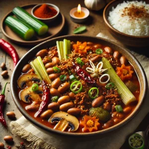 Indonesische bonenschotel met gehakt, spek en groenten in een kruidige saus met nasikruiden, ketjap manis en sambal – een gekruide bonenschotel recept boordevol smaak, geserveerd met rijst en komkommersla.