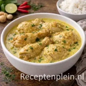 Een pan met malse Ajam Opor, waarbij de kipstukjes sudderen in een rijke witte kokossaus met aromatische specerijen.