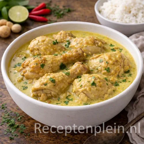 Een pan met malse Ajam Opor, waarbij de kipstukjes sudderen in een rijke witte kokossaus met aromatische specerijen.