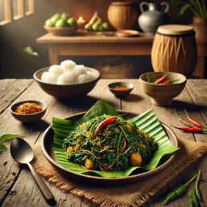 Een rustieke houten tafel met een traditioneel Indonesisch gerecht: oseh-oseh, bestaande uit gebakken geraspte kokos, bladgroenten zoals cassaveblad of spinazie, en oosterse specerijen. Het gerecht wordt warm geserveerd op een bananenblad of keramisch bord, gegarneerd met rode chili en verse kruiden. Ernaast staat een portie gestoomde rijst. De achtergrond toont een gezellige Indonesische keuken met warme verlichting.