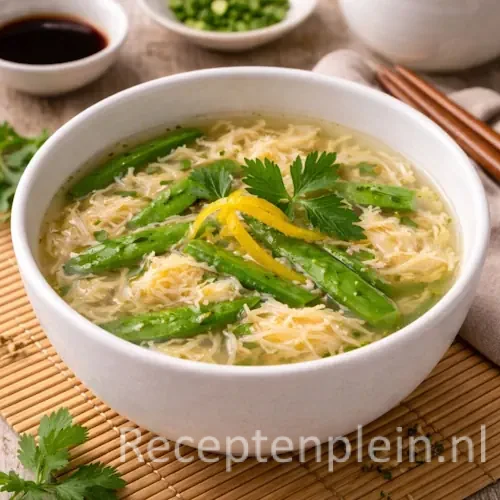 Een traditionele kom met heldere Japanse soep met eidraadjes en ragfijn gesneden peultjes, gepresenteerd als een klein kunstwerkje.
