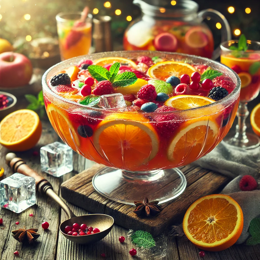 Feestelijke vruchtenpunch voor oudejaarsavond, met sinaasappel- en citroenschijfjes, bessen en verse munt, geserveerd in een glazen punchbowl op een rustieke houten tafel.
